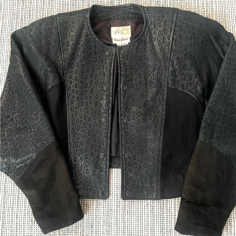 Vakko Neiman Marcus Cropped Leather Jacket Vintage Black - Picture 4 of 16